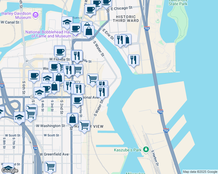 map of restaurants, bars, coffee shops, grocery stores, and more near South Water Street in Milwaukee