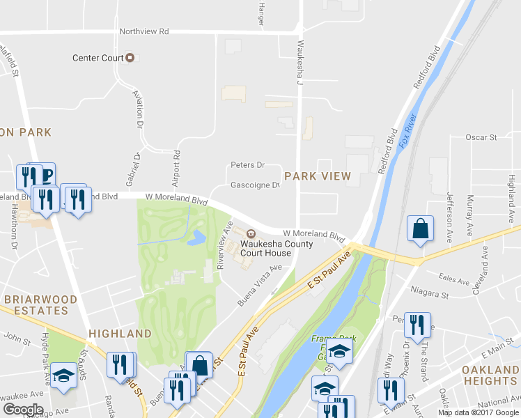 map of restaurants, bars, coffee shops, grocery stores, and more near 500 West Moreland Boulevard in Waukesha