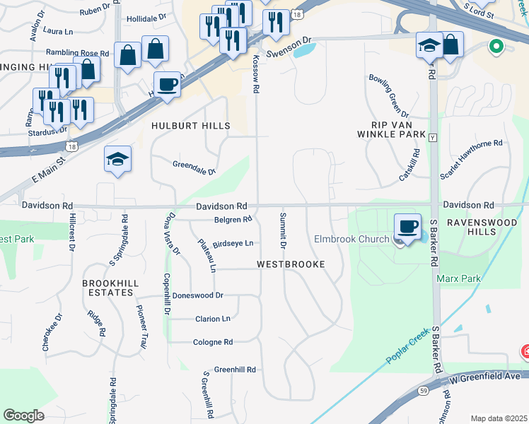 map of restaurants, bars, coffee shops, grocery stores, and more near 720 Belgren Road in Waukesha