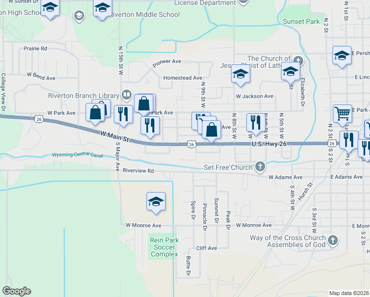 map of restaurants, bars, coffee shops, grocery stores, and more near 933 West Main Street in Riverton