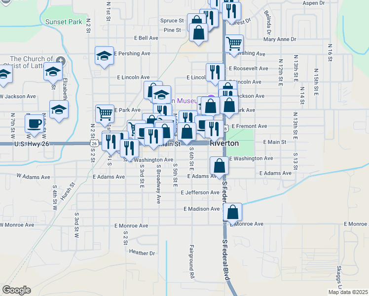 map of restaurants, bars, coffee shops, grocery stores, and more near 513 East Main Street in Riverton