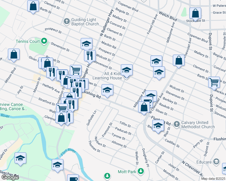 map of restaurants, bars, coffee shops, grocery stores, and more near 2720 Sloan Street in Flint