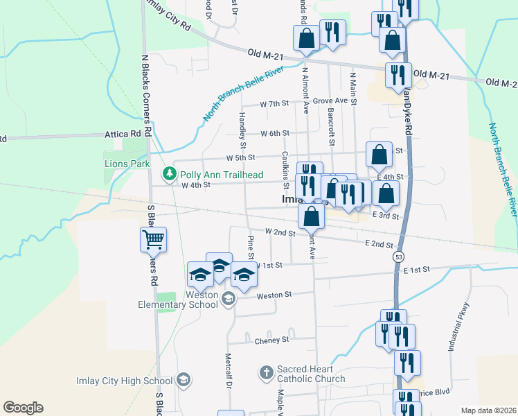 map of restaurants, bars, coffee shops, grocery stores, and more near 270 West 3rd Street in Imlay City
