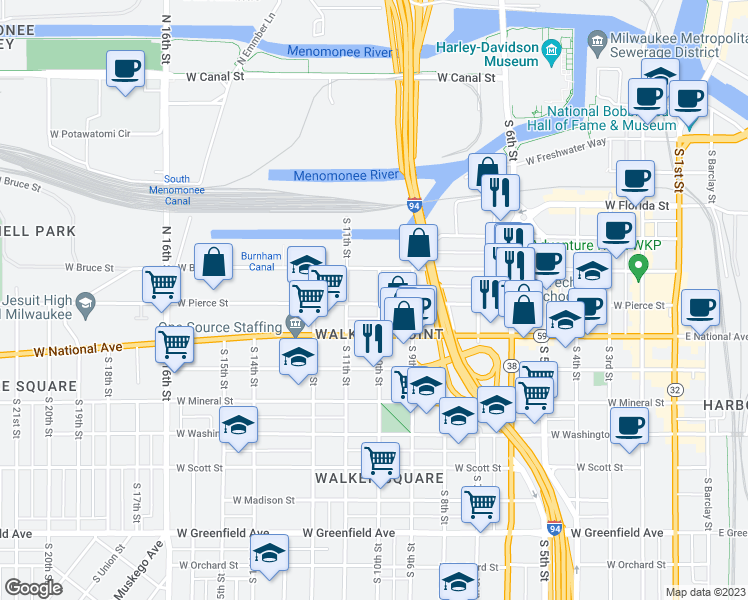 map of restaurants, bars, coffee shops, grocery stores, and more near 1002 West Pierce Street in Milwaukee