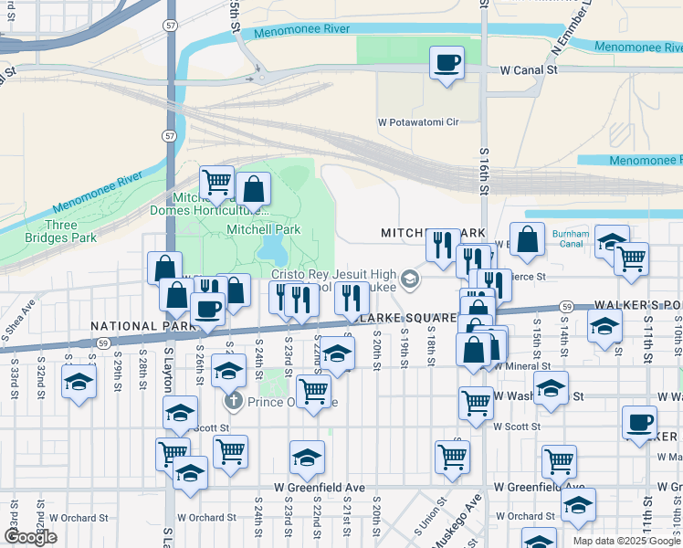 map of restaurants, bars, coffee shops, grocery stores, and more near 2102 West Pierce Street in Milwaukee