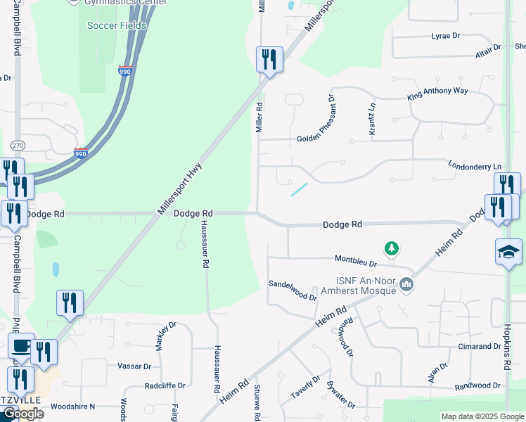 map of restaurants, bars, coffee shops, grocery stores, and more near 5 Miller Rd in Getzville