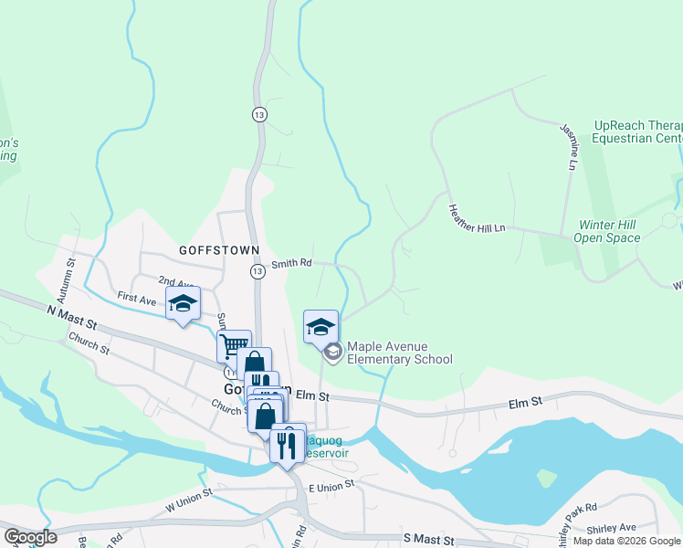 map of restaurants, bars, coffee shops, grocery stores, and more near 483 Smith Road in Goffstown