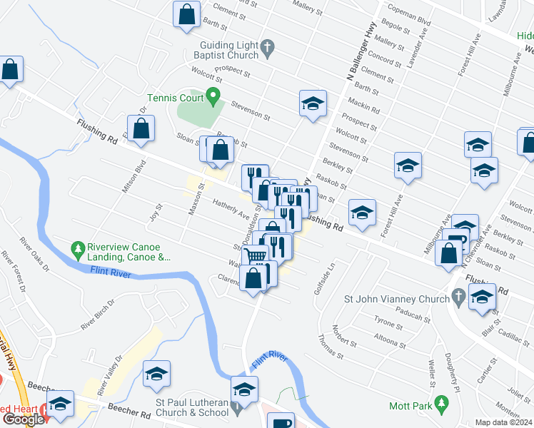 map of restaurants, bars, coffee shops, grocery stores, and more near 3037 Flushing Road in Flint