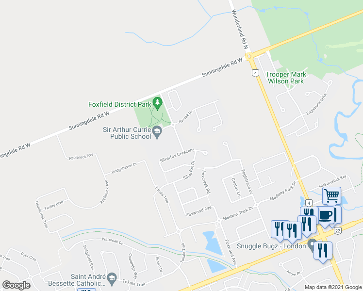 map of restaurants, bars, coffee shops, grocery stores, and more near 1992 Denview Avenue in London