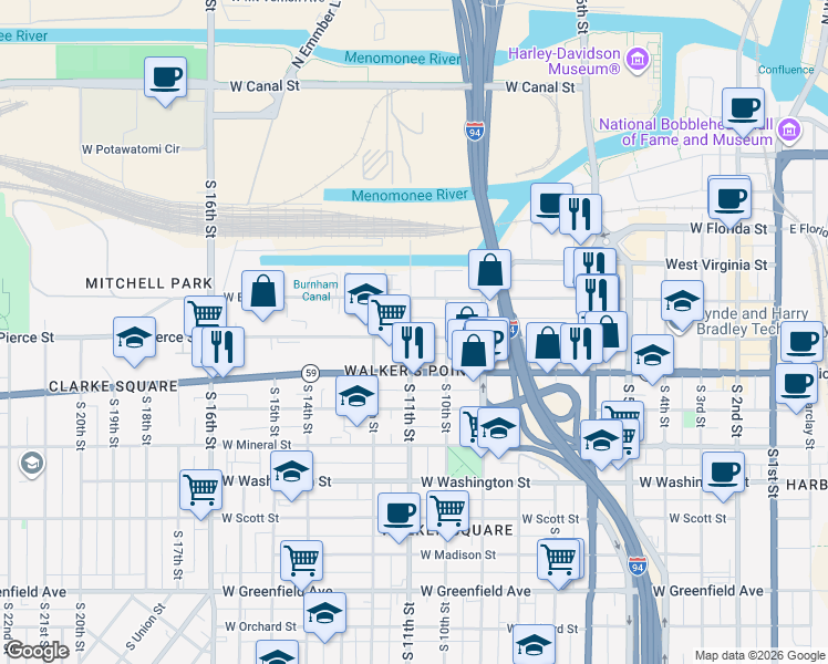 map of restaurants, bars, coffee shops, grocery stores, and more near 1036 West Pierce Street in Milwaukee
