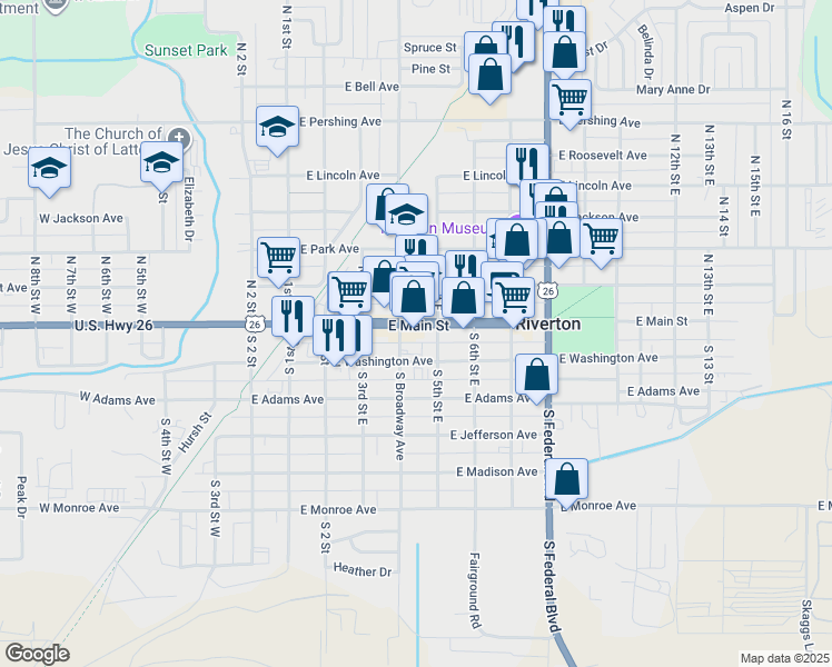 map of restaurants, bars, coffee shops, grocery stores, and more near 413 East Main Street in Riverton