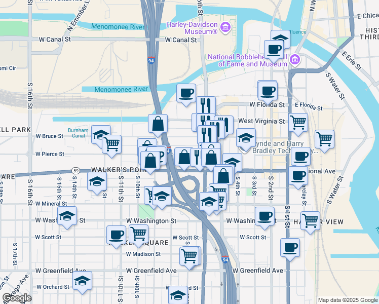 map of restaurants, bars, coffee shops, grocery stores, and more near 642 West Pierce Street in Milwaukee
