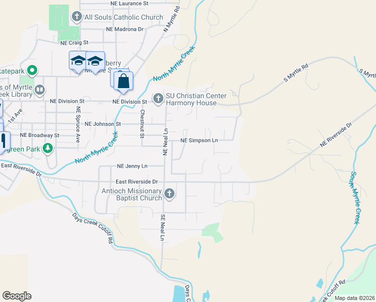 map of restaurants, bars, coffee shops, grocery stores, and more near 195 Northeast Sandy Terrace in Myrtle Creek
