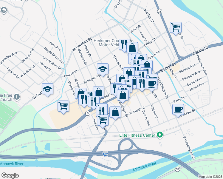 map of restaurants, bars, coffee shops, grocery stores, and more near 309 Park Avenue in Herkimer