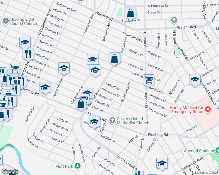 map of restaurants, bars, coffee shops, grocery stores, and more near 2201 Wolcott Street in Flint