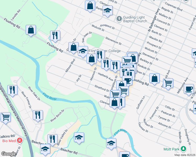 map of restaurants, bars, coffee shops, grocery stores, and more near 1336 Maxson Street in Flint