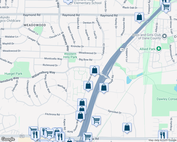 map of restaurants, bars, coffee shops, grocery stores, and more near 5401 Williamsburg Way in Fitchburg
