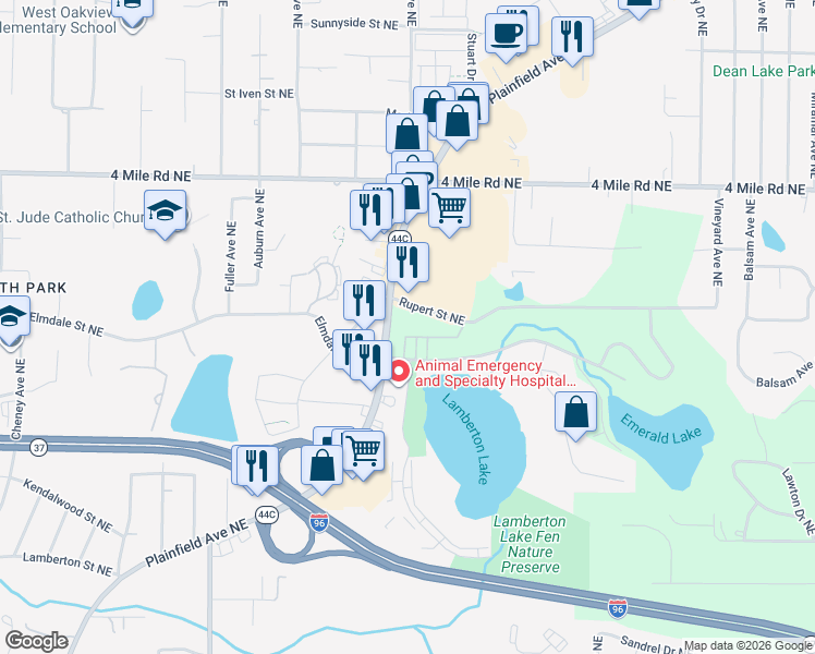 map of restaurants, bars, coffee shops, grocery stores, and more near 3410 Plainfield Avenue Northeast in Grand Rapids