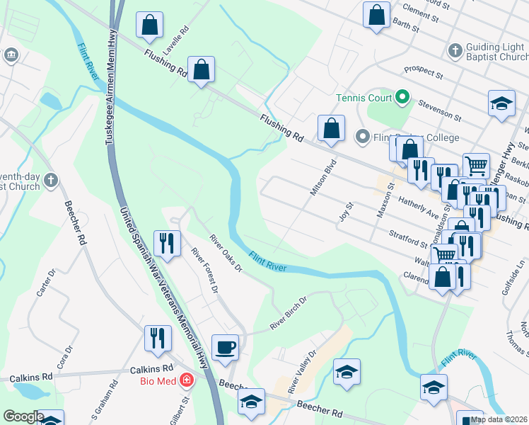 map of restaurants, bars, coffee shops, grocery stores, and more near 3374 Kissner Ave in Flint Township