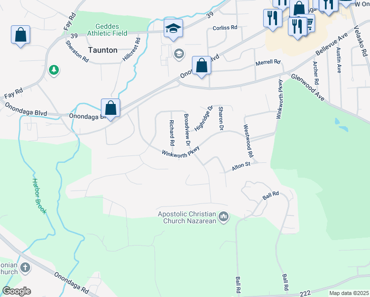 map of restaurants, bars, coffee shops, grocery stores, and more near 220 Broadview Drive in Syracuse