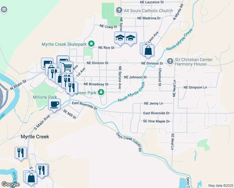 map of restaurants, bars, coffee shops, grocery stores, and more near 536 Northeast Howland Street in Myrtle Creek