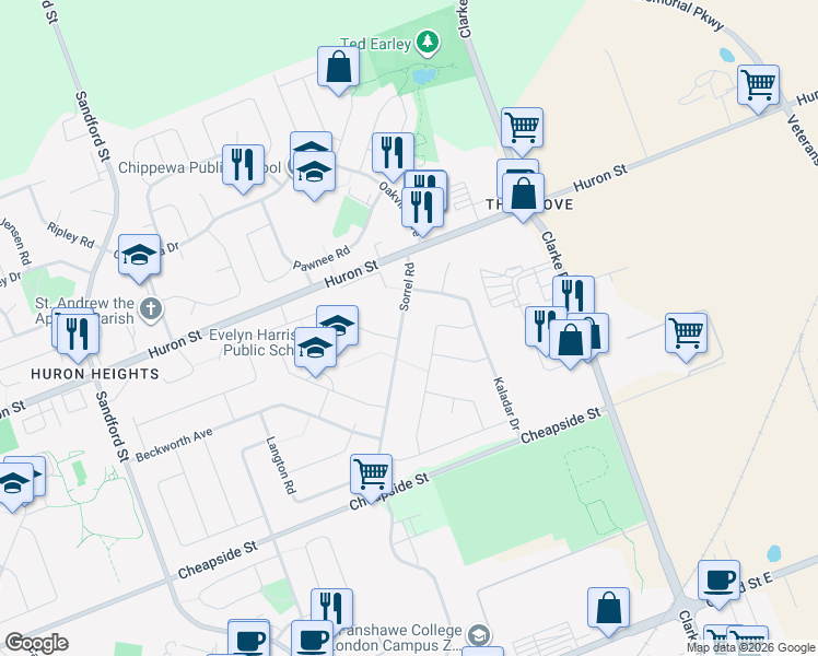 map of restaurants, bars, coffee shops, grocery stores, and more near 1251 Addison Drive in London