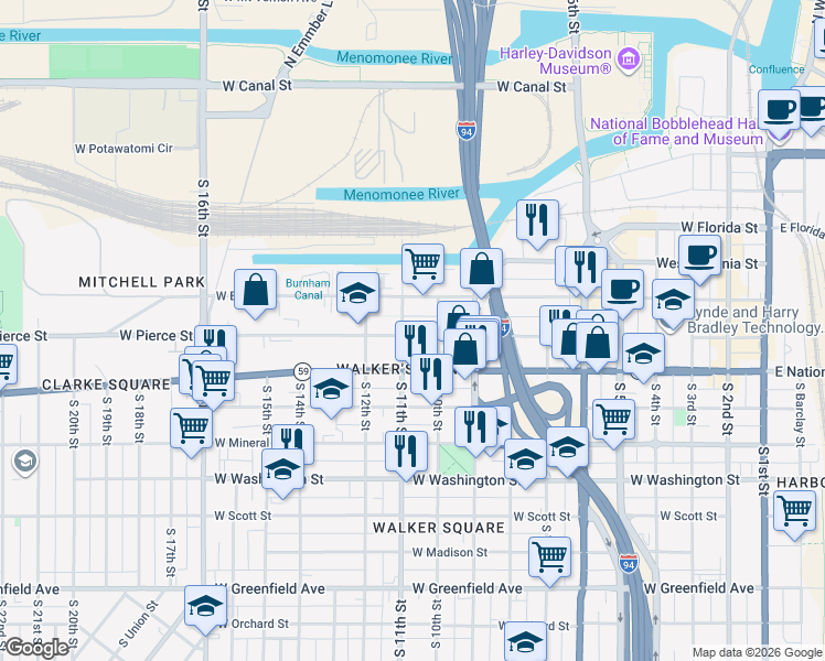 map of restaurants, bars, coffee shops, grocery stores, and more near 1036 West Pierce Street in Milwaukee