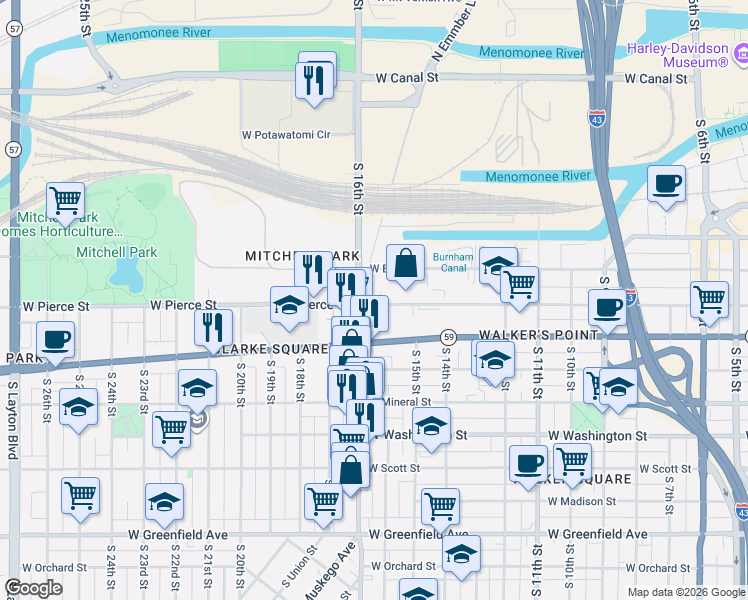 map of restaurants, bars, coffee shops, grocery stores, and more near 721 South César E. Chávez Drive in Milwaukee