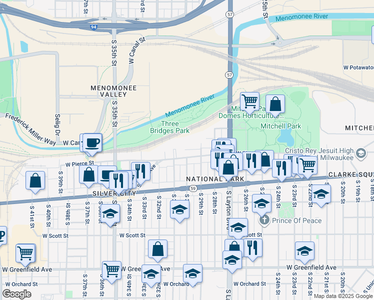 map of restaurants, bars, coffee shops, grocery stores, and more near 2924 West Pierce Street in Milwaukee