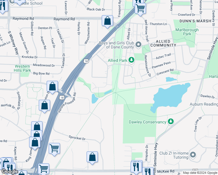 map of restaurants, bars, coffee shops, grocery stores, and more near 2405 Chalet Gardens Court in Fitchburg