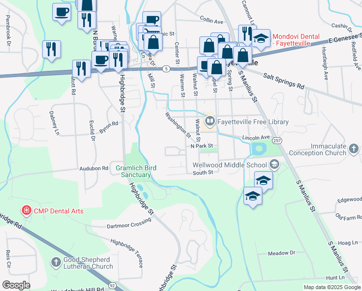 map of restaurants, bars, coffee shops, grocery stores, and more near 510 Warren Street in Fayetteville