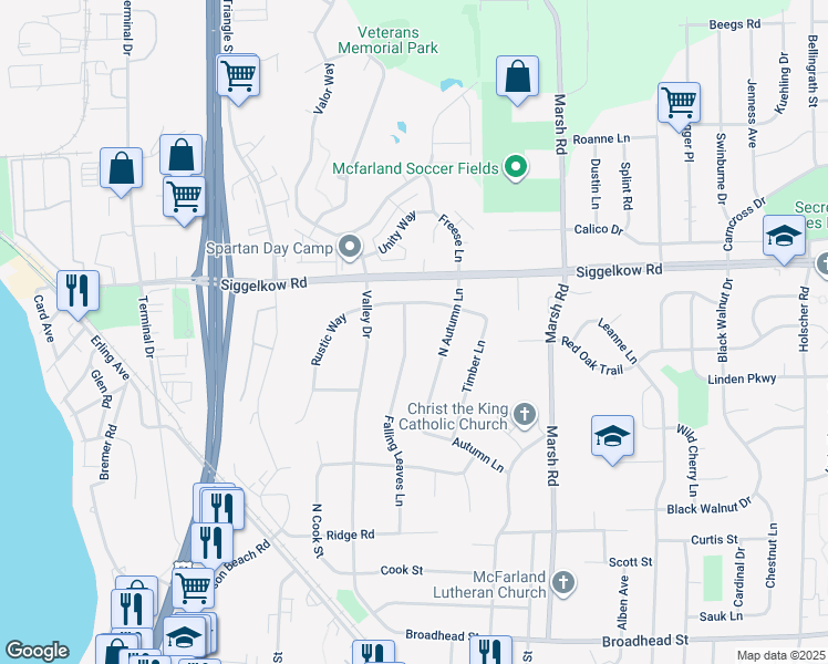 map of restaurants, bars, coffee shops, grocery stores, and more near 5009 Falling Leaves Lane in McFarland