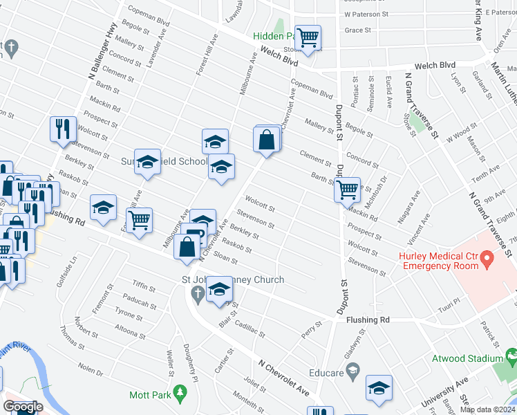 map of restaurants, bars, coffee shops, grocery stores, and more near 2201 Wolcott Street in Flint