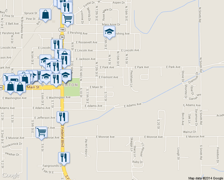 map of restaurants, bars, coffee shops, grocery stores, and more near 1317 E Main St in Riverton