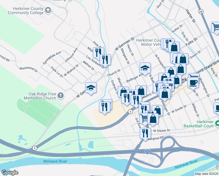 map of restaurants, bars, coffee shops, grocery stores, and more near 806 Bellinger Avenue in Herkimer
