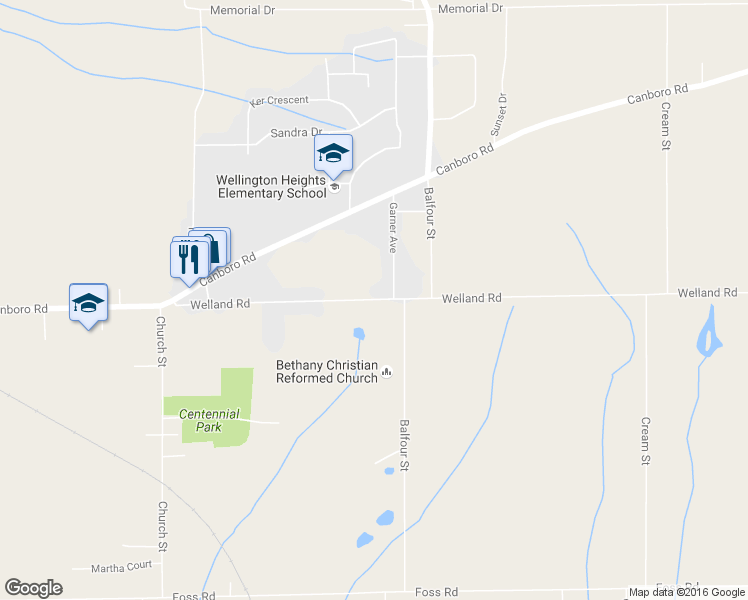 map of restaurants, bars, coffee shops, grocery stores, and more near 716 Welland Road in Pelham