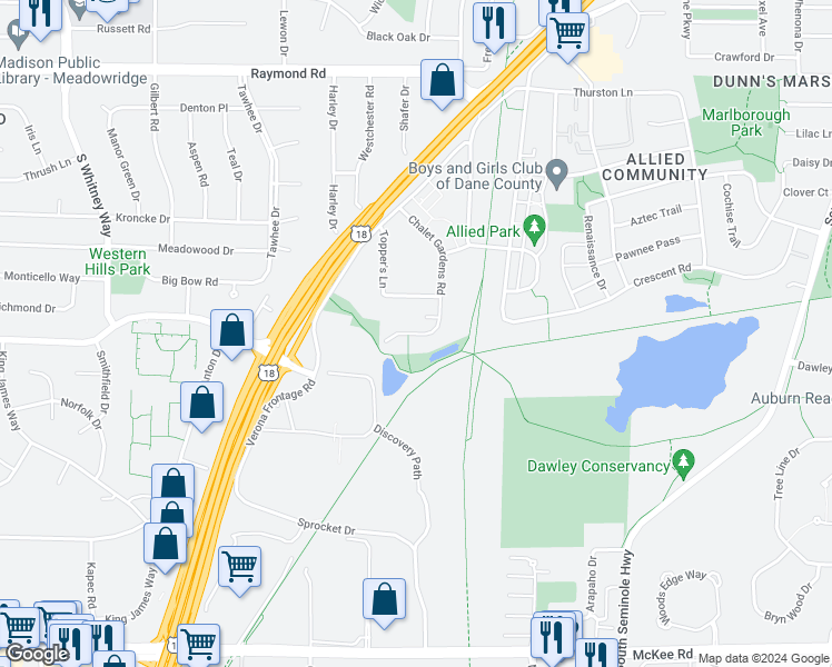 map of restaurants, bars, coffee shops, grocery stores, and more near 2436 Chalet Gardens Court in Fitchburg