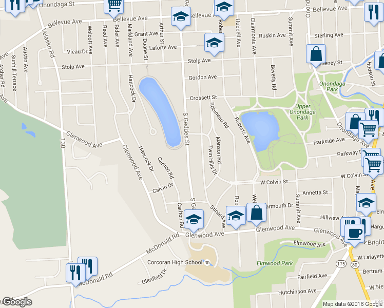 map of restaurants, bars, coffee shops, grocery stores, and more near 2117 South Geddes Street in Syracuse