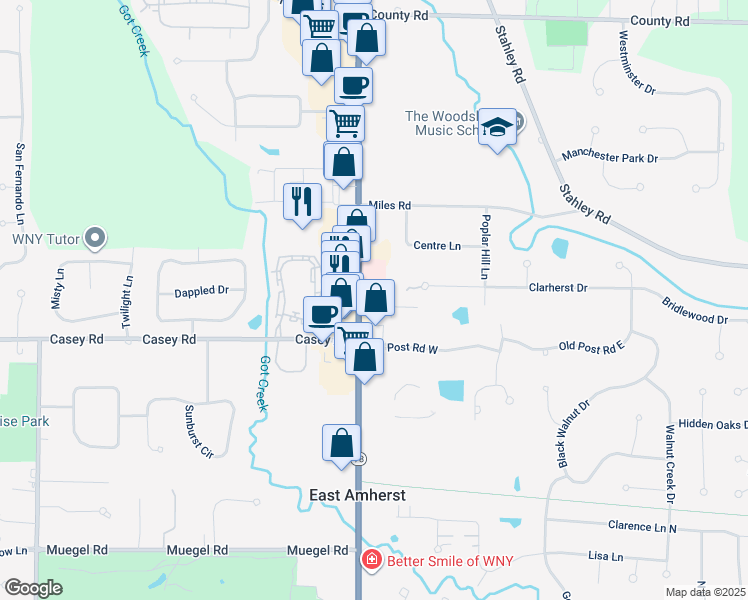 map of restaurants, bars, coffee shops, grocery stores, and more near 6465 Transit Road in East Amherst