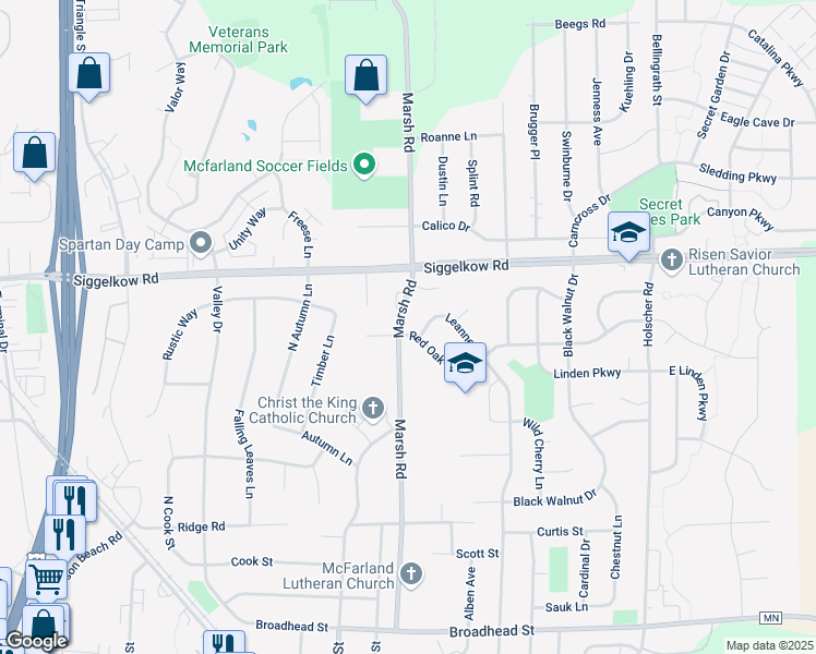 map of restaurants, bars, coffee shops, grocery stores, and more near 5502 Red Oak Trail in McFarland