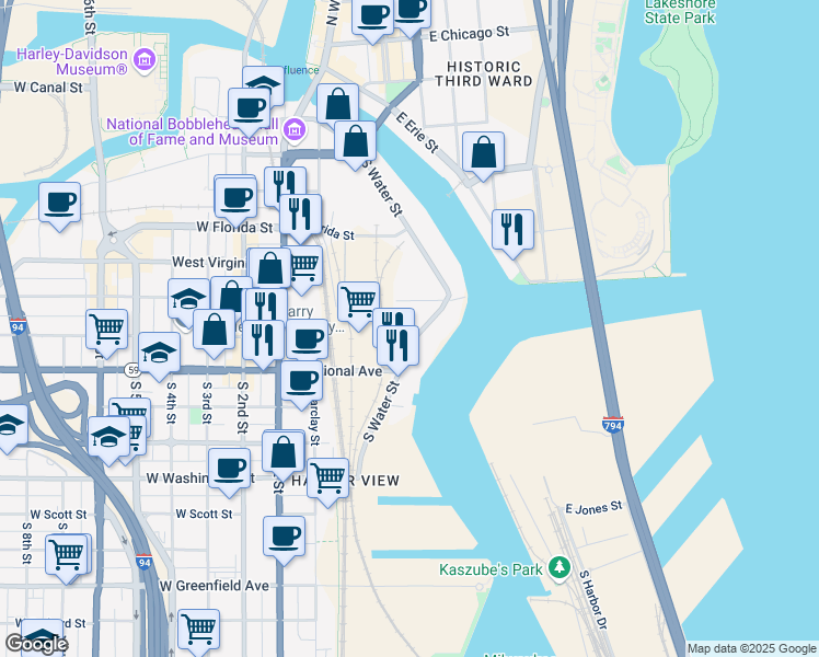 map of restaurants, bars, coffee shops, grocery stores, and more near 639 South Water Street in Milwaukee