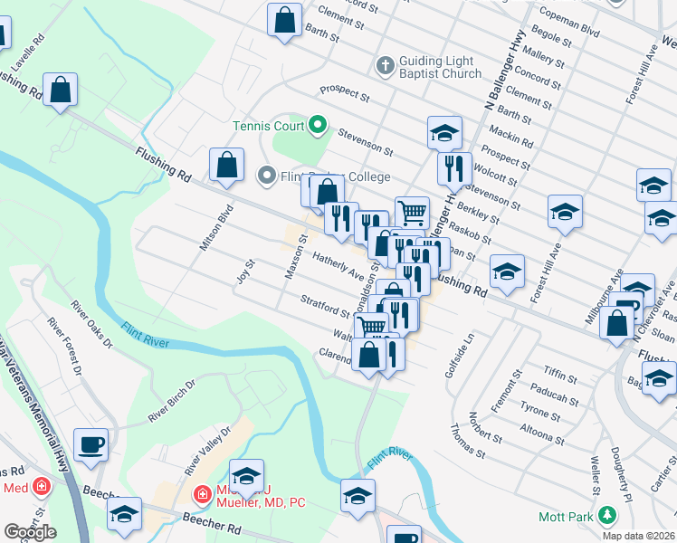 map of restaurants, bars, coffee shops, grocery stores, and more near 3097 Hatherly Avenue in Flint