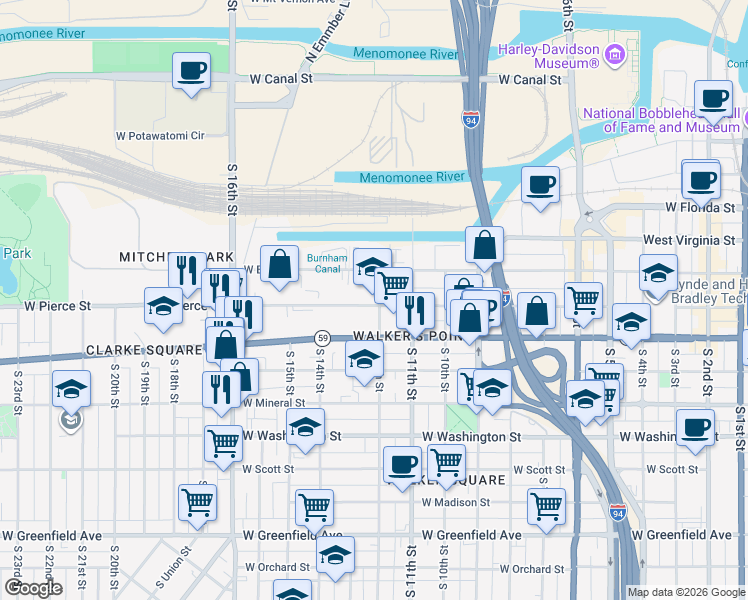 map of restaurants, bars, coffee shops, grocery stores, and more near 633 South 12th Street in Milwaukee