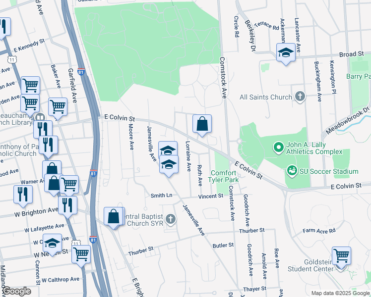 map of restaurants, bars, coffee shops, grocery stores, and more near 128 Lorraine Avenue in Syracuse