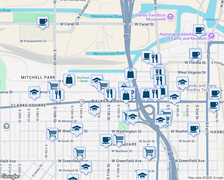map of restaurants, bars, coffee shops, grocery stores, and more near 1036 West Pierce Street in Milwaukee