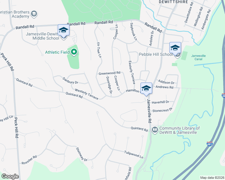 map of restaurants, bars, coffee shops, grocery stores, and more near 104 Donridge Drive in Syracuse