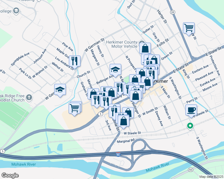 map of restaurants, bars, coffee shops, grocery stores, and more near 412 Park Ave in Herkimer