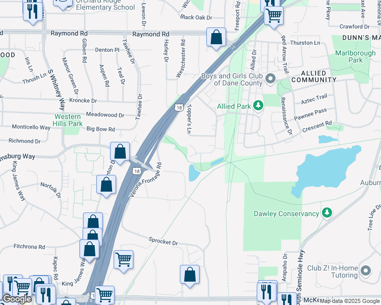 map of restaurants, bars, coffee shops, grocery stores, and more near 2444 Chalet Gardens Court in Fitchburg