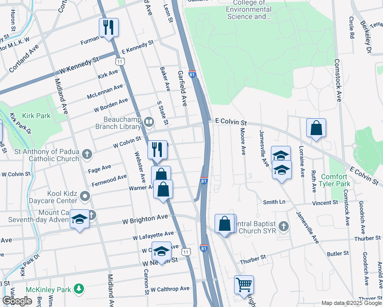 map of restaurants, bars, coffee shops, grocery stores, and more near 227 Mckinley Ave in Syracuse