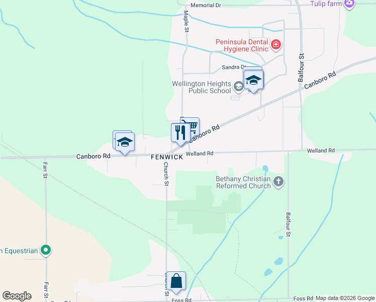map of restaurants, bars, coffee shops, grocery stores, and more near 781 Welland Road in Pelham